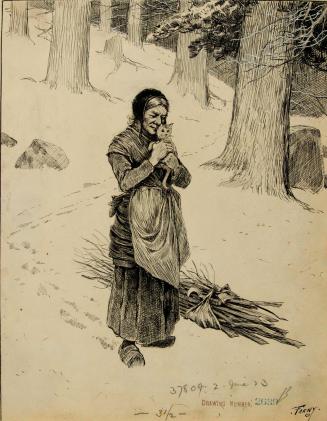 Old woman with cat gathering firewood