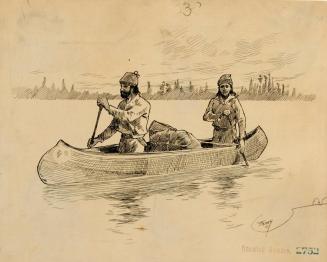 Two men paddling a canoe
