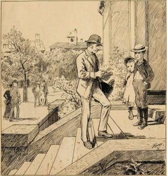 Man standing on steps with two children