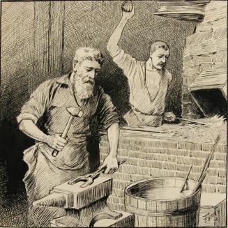 Two men working in blacksmith shop