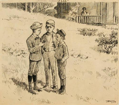 Three boys standing in yard looking at object