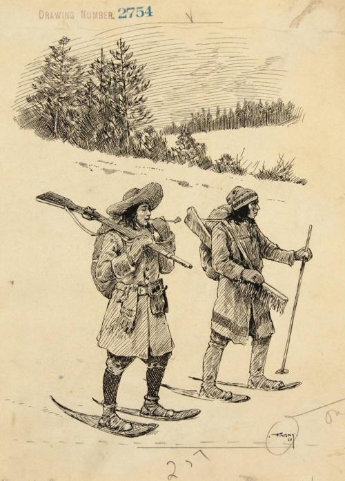 Two men with guns walking in snowshoes