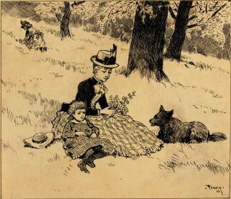 Woman, child and dog resting in grass beneath trees