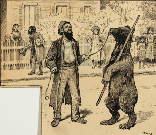 Man entertaining with captured bear