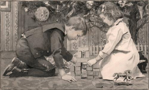 December - Boy and girl playing beneath Christmas tree