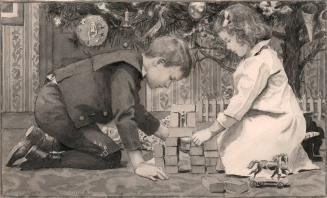 December - Boy and girl playing beneath Christmas tree