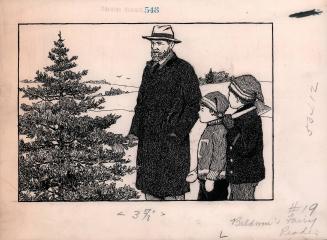 Father and children choosing Christmas tree to chop down