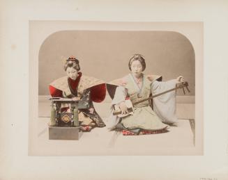Two Seated Women in Costume Playing Instruments