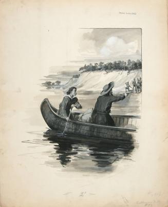 Two Men in Canoe Approaching Indian Embankment