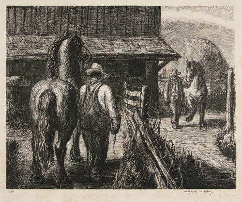 [Two people leading two horses]