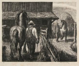 [Two people leading two horses]