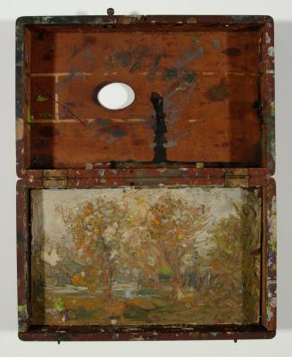[Paintbox with landscape painted on inside bottom]