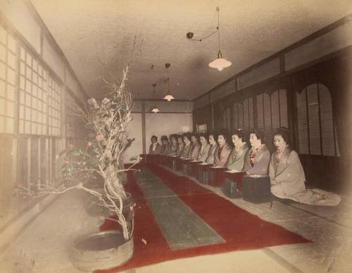 Woman studying flower arranging exhibition