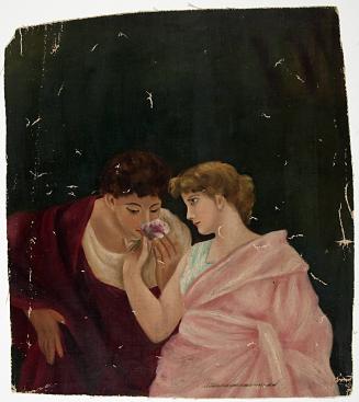 [Two women, one smelling a flower]