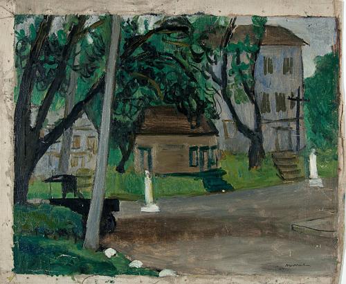 [Landscape with homes and truck]