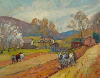 [Landscape with farmers plowing]