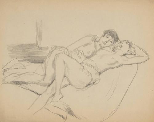 [two reclining nudes, one with arm behind head]