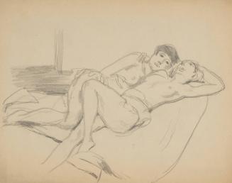 [two reclining nudes, one with arm behind head]