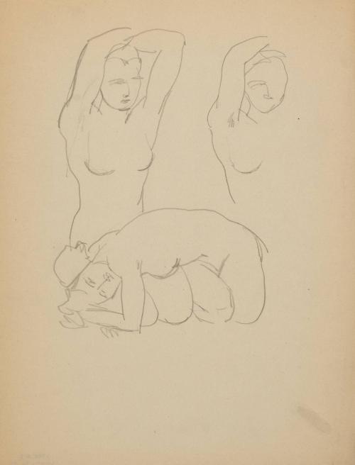 [three nudes, one crouching one with arms over head, one half figure]