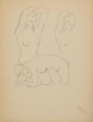 [three nudes, one crouching one with arms over head, one half figure]