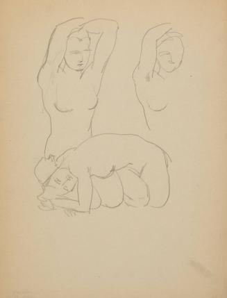 [three nudes, one crouching one with arms over head, one half figure]