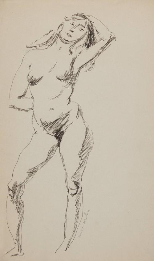 [Standing nude woman with left hand on head]