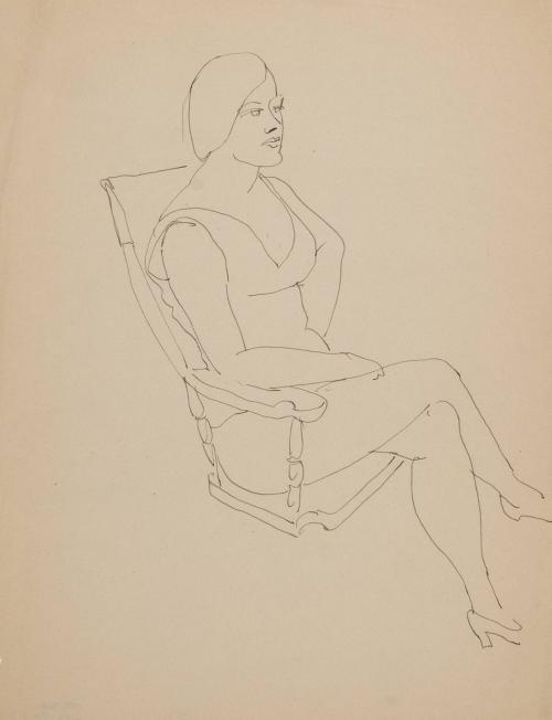 [seated female in armchair, right leg over left right arm rests on right leg]