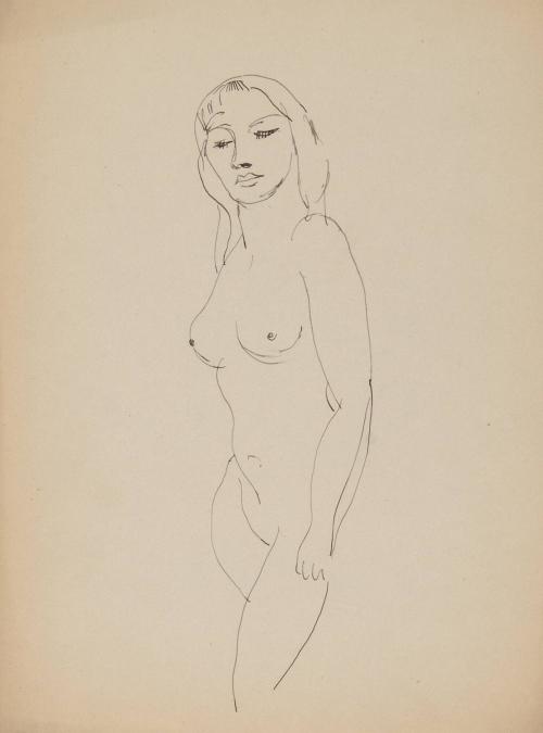 [standing female nude 3/4 left profile eyes closed full upper lip]