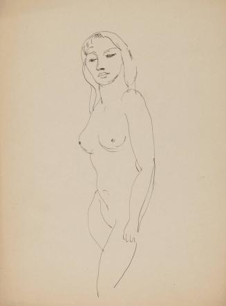 [standing female nude 3/4 left profile eyes closed full upper lip]