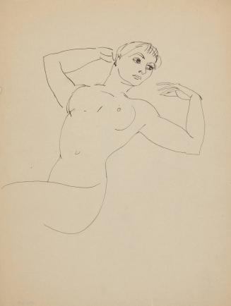 [reclining female nude looking left, right hand behind head, left hand above shoulder]