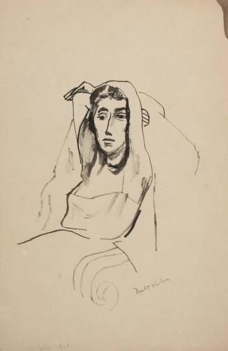 [seated woman with crossed arms resting on hair]