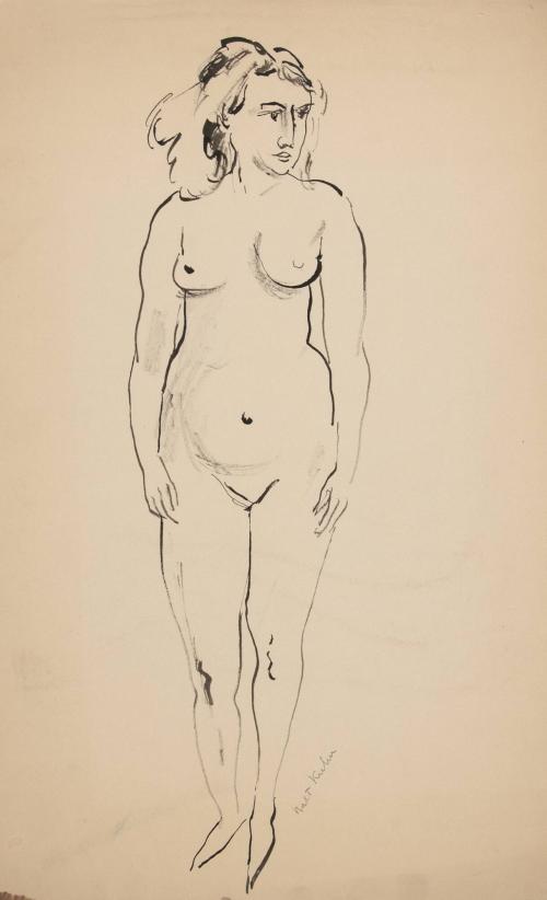 [standing female nude; full front; head turned to left]