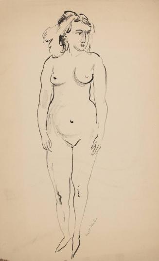 [standing female nude; full front; head turned to left]