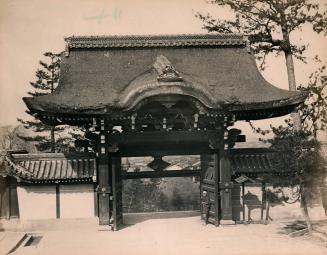 Thatch-roofed gate overlooking towns