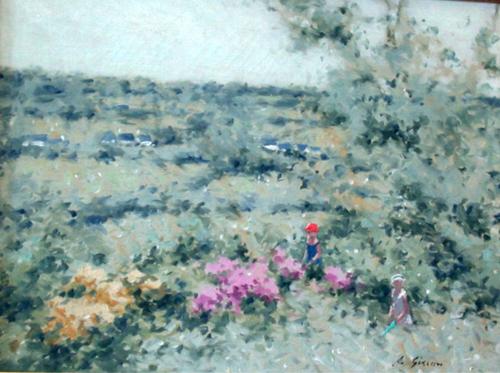 [Landscape with two children and houses in distance]