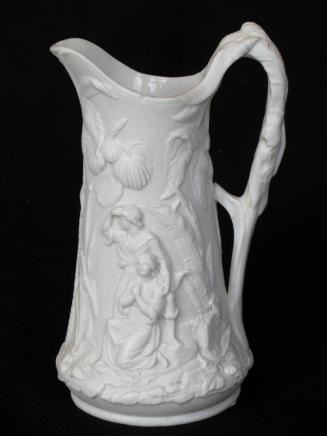 [Paul and Virginia Patter parian pitcher with palm tree handle and interior glaze, high relief figures, palm trees and floral designs, and background mottling]