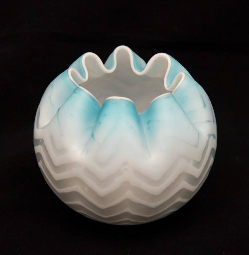 [Blue herringbone pattern globe vase with ruffled lip]