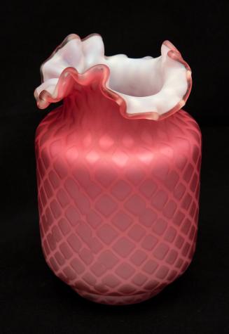 [Pink cylindrical vase with ruffled tricorn lip]