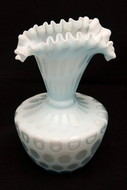 [Blue vase with ruffled fan lip]