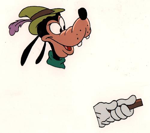 L11. Goofy in green garb with purple hat, hands are holding the end of the stick (65)