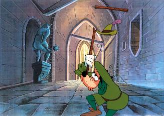L19. Goofy in green garb with green hat with purple feather, holds a broken stick above his head (4)