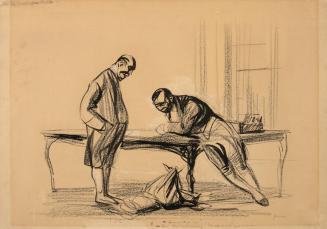 Men leaning at a table