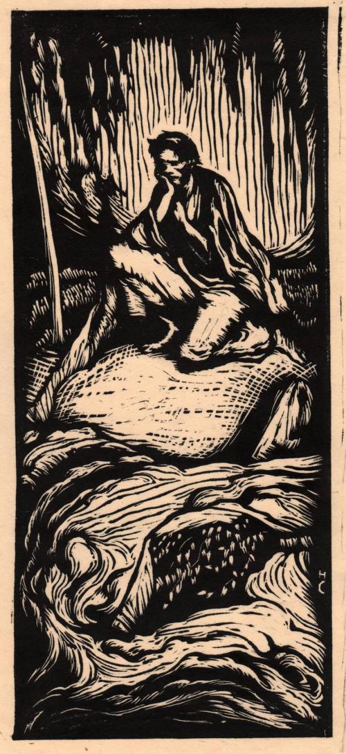 [Man kneeling by stream]