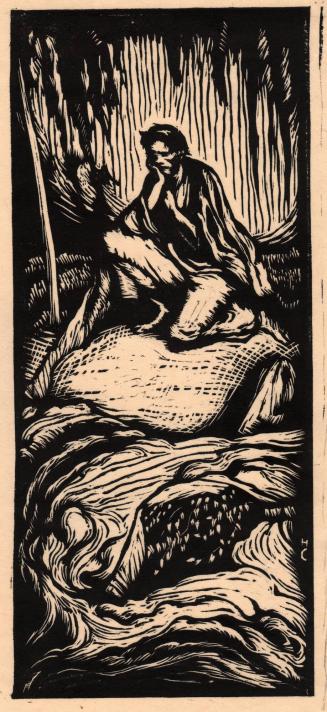 [Man kneeling by stream]