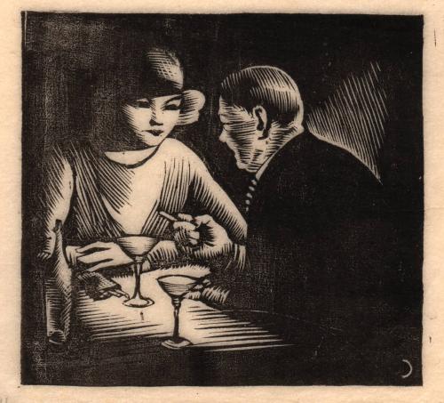 [Couple seated at table drinking]