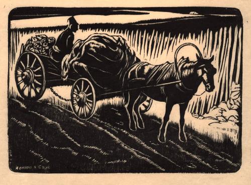 [Man seated in horse-drawn wagon]