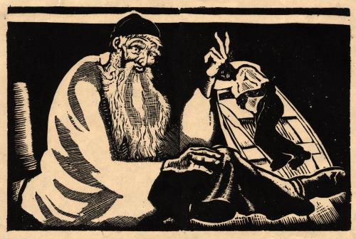 [Seated old man and a sleeping man in row boat]