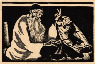 [Seated old man and a sleeping man in row boat]