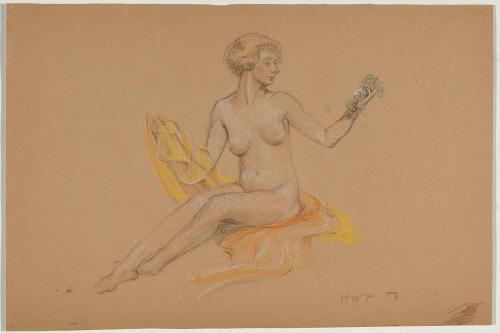 [Study, seated nude with drape, holding grapes]