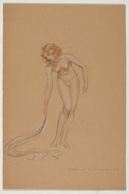 [Study, standing nude, bending left holding drape]